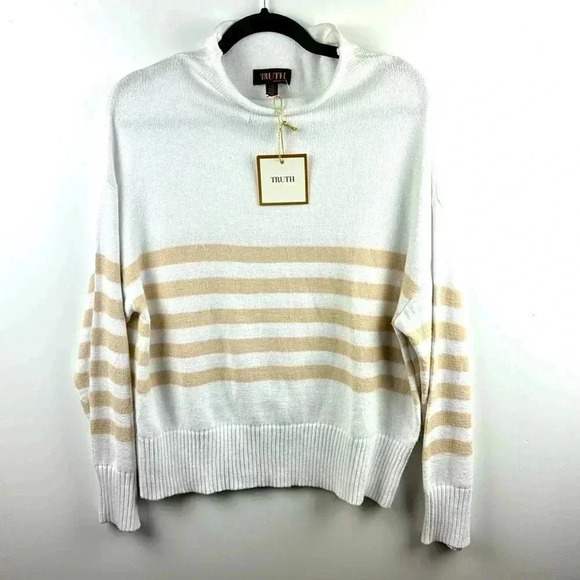 TRUTH WHITE AND TAN LONG SLEEVE SWEATER NWT GREAT JEANS SKIRT PANTS COMFORTABLE - Picture 1 of 4
